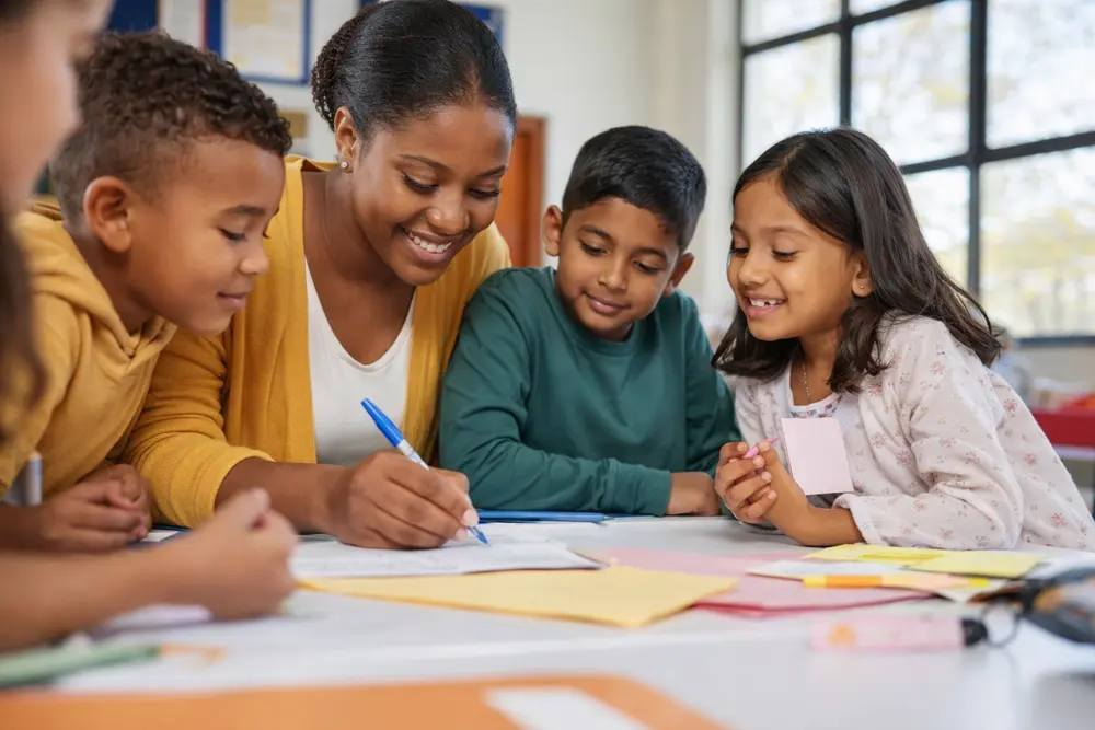 A practitioner working with a group of young learners around a table