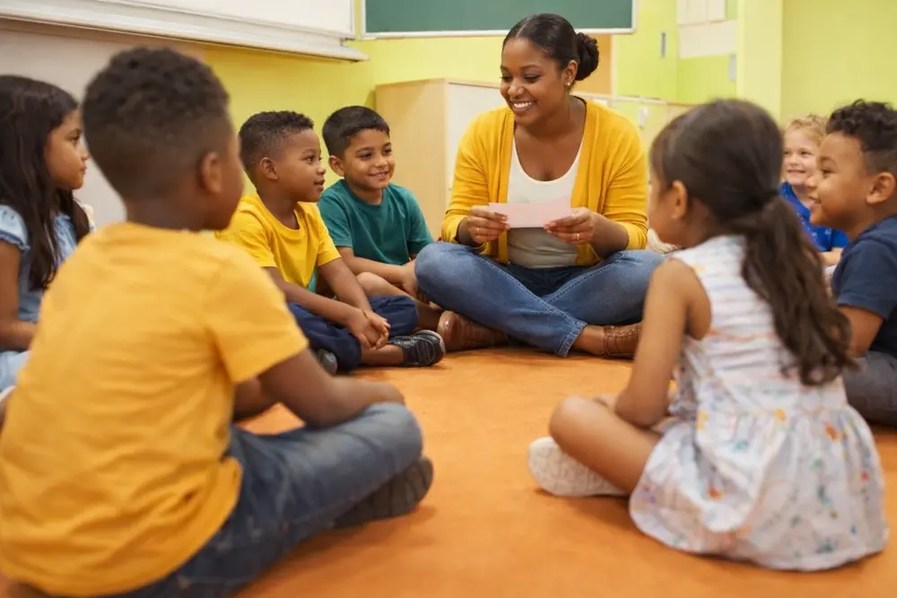 A practitioner sitting in a circle with young children