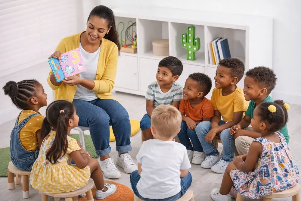 A practitioner reading with a circle of pre-school children