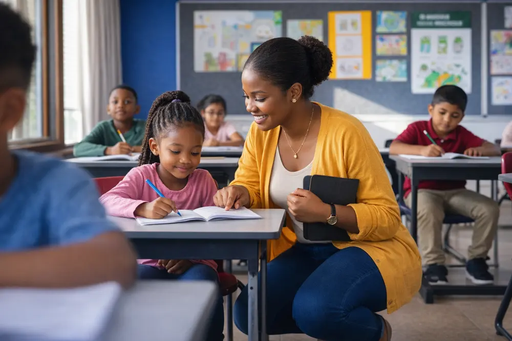 A practitioner supporting a learner at a desk
