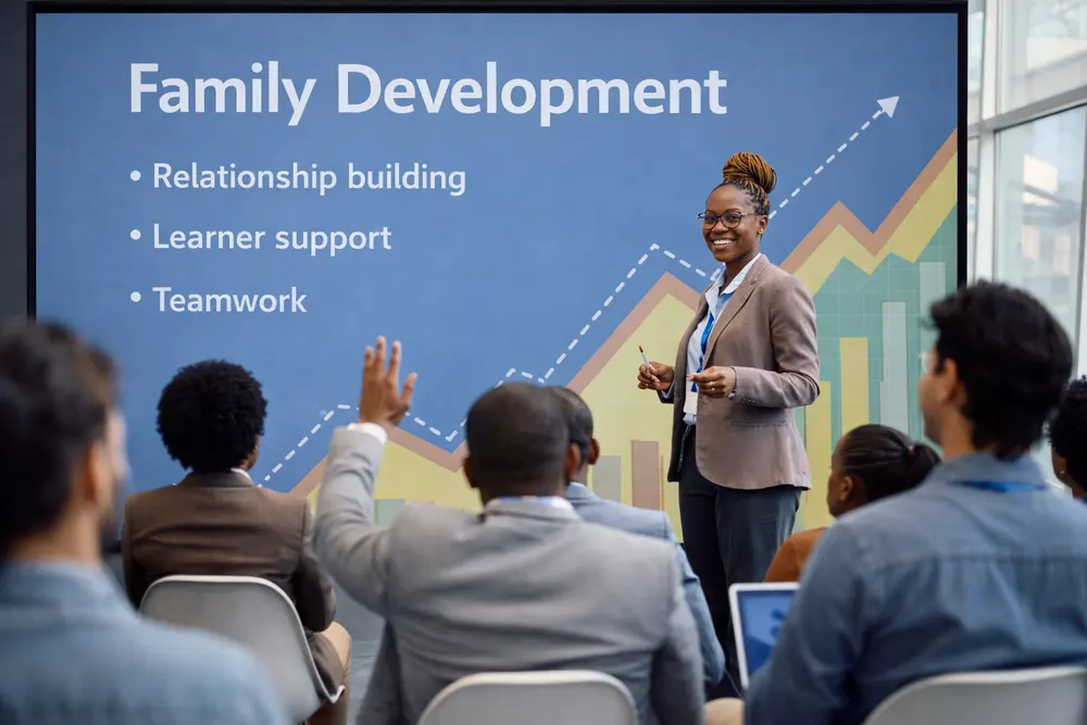 A facilitator presenting a family development seminar